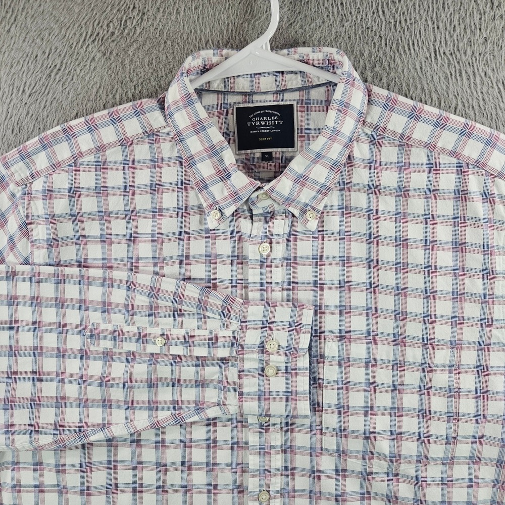 Charles Tyrwhitt Mens XL Slim Fit Plaid Button Down Shirt Blue Red White Cotton